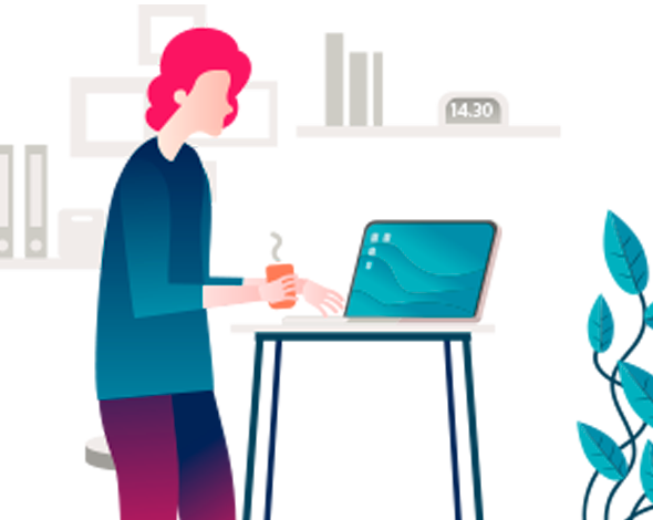 An illustration depicting a woman using a laptop.